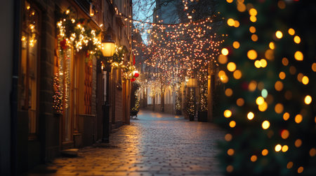 Beautiful Christmas lights in the evening near St. Mary's Church in Celle, Germany, casting a warm and festive glow on the charming streets of this historic townの素材