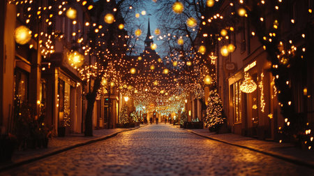 Beautiful Christmas lights in the evening near St. Mary's Church in Celle, Germany, casting a warm and festive glow on the charming streets of this historic townの素材