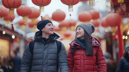 A young couple walking under a canopy of Chinese lanterns, holding hands and smiling during a Chinese New Year event.の素材