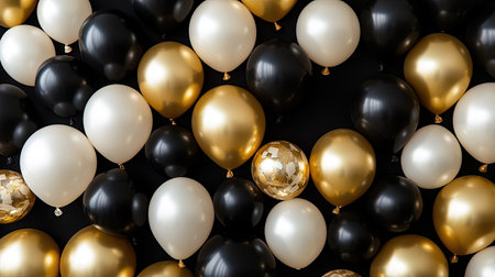 Black, gold, and white balloons arranged on a black background, offering a bold and festive look for Black Friday or luxury event promotions.の素材