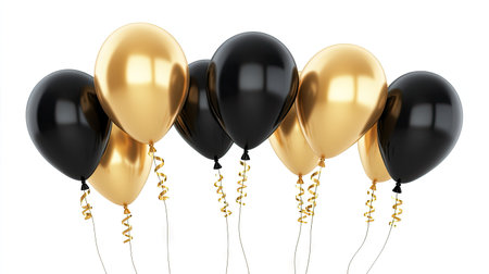 Black and gold D helium balloons rising against a clean white background, ideal for a festive birthday or anniversary greeting banner or poster.の素材