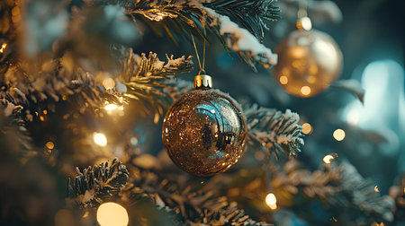 Beautiful close-up of festive decorations on a Christmas tree, featuring ornaments and lights, creating a cozy New Year's  atmosphere, perfect for holiday cardsの素材