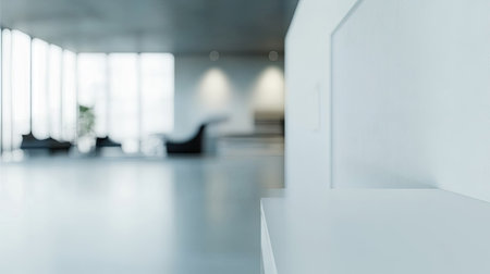 Blurred background of a contemporary office with open space, white walls, and sleek furnishings, perfect for design projects needing a modern and minimalist touchの素材