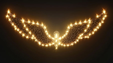 Bright LED light bulb in angelic shape, forming part of a glowing garland string, isolated on a transparent background for Christmas designsの素材