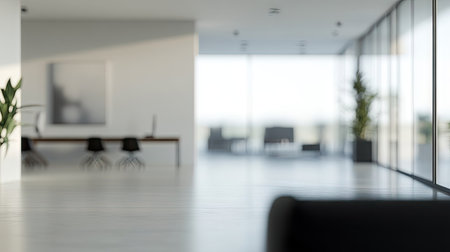 Blurred background of a contemporary office with open space, white walls, and sleek furnishings, perfect for design projects needing a modern and minimalist touchの素材