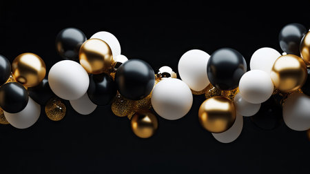 Black, gold, and white balloons floating on a dark background, creating a luxurious and festive atmosphere ideal for Black Friday or special events.の素材