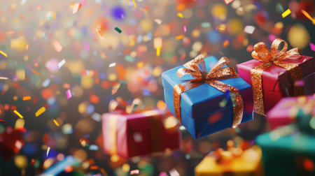 Christmas decorations with colorful gift boxes, shimmering confetti, and bokeh lights, creating a lively and festive backdrop for the holiday seasonの素材