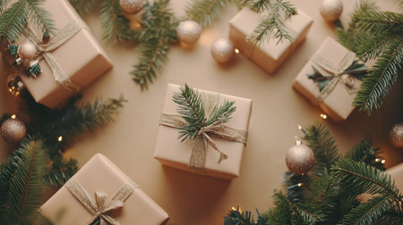 Christmas-themed flat lay with elegant gift boxes, fir tree branches, and sparkling ornaments, featuring ample copy space for holiday messages or brandingの素材