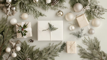 Christmas flat lay background with neatly arranged presents, fir branches, and sparkling baubles, offering a clean and festive canvas for designs or messagesの素材