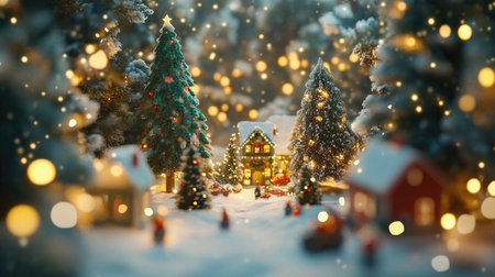 Cheerful Merry Christmas and New Year scene with decorated trees, glowing lights, and festive bokeh in a joyful holiday settingの素材