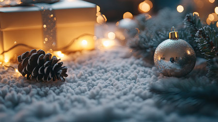 Christmas decorations on a soft white carpet with twinkling lights, a festive gift box, a glossy bauble, and a pine cone, perfect for holiday season imageryの素材