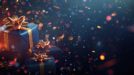 Christmas-themed background with gift boxes wrapped in ribbons, scattered confetti, and glowing bokeh lights, creating a festive atmosphereの素材