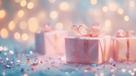 Christmas decorations with beautifully wrapped gift boxes, shimmering confetti, and soft bokeh lights in the background, ideal for holiday celebrationsの素材