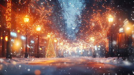 Christmas Eve in a snowy city street, with bright trees casting a warm glow and blurred holiday lights creating a dreamy, abstract winter backgroundの素材