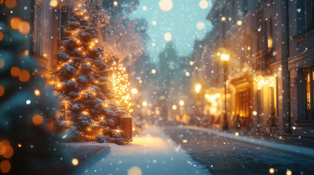 Christmas Eve on a snowy city street, with bright trees glowing warmly and soft, blurred lights creating an enchanting holiday backgroundの素材