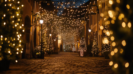 Christmas lights decorating the streets near St. Mary's Church in Celle, Germany, adding a magical touch to the evening atmosphere of this picturesque town squareの素材