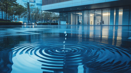 Circular ripples forming on the surface of blue water as rain falls, creating a serene and relaxing natural sceneの素材