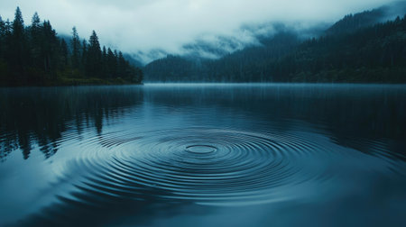 Circular ripples forming on the surface of blue water as rain falls, creating a serene and relaxing natural sceneの素材