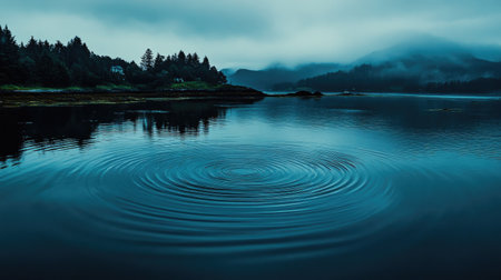 Circular ripples forming on the surface of blue water as rain falls, creating a beautiful and peaceful water scene for nature-themed photosの素材