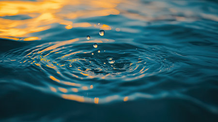 Close-up of blue water with raindrops creating ripples, reflecting the calm effect of rainfall on water surfaces in nature photographyの素材