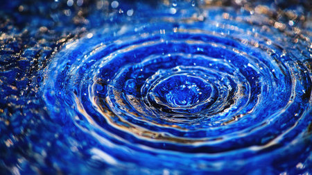 Close-up of raindrops falling onto blue water, creating circular ripples on the surface, perfect for capturing the peaceful effect of rain in natureの素材