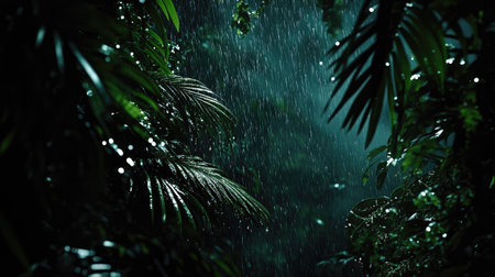Dark-themed background with water drops clinging to lush green leaves, creating a serene and natural atmosphere for photographyの素材