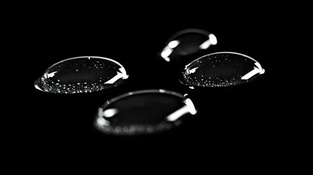 Close-up of clear water drops on a black background, showcasing the natural beauty and texture of water droplets, ideal for creative and artistic shotsの素材
