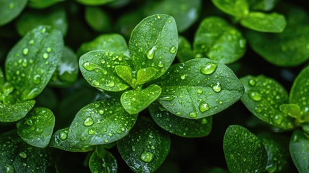 Dark-themed background with water drops clinging to lush green leaves, creating a serene and natural atmosphere for photographyの素材