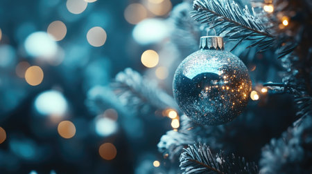 Close-up of sparkling ornaments and lights on a beautifully decorated Christmas tree, creating a festive background for New Year's  celebrationsの素材
