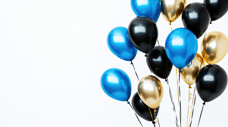 Elegant gold and black helium balloons soaring on a white background, ideal for creating a festive birthday or anniversary greeting card design.の素材