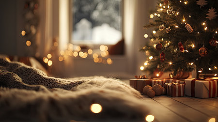 Cozy Christmas room with an out-of-focus tree, glowing lights, and holiday decorations, perfect for a festive and heartwarming photo backdropの素材