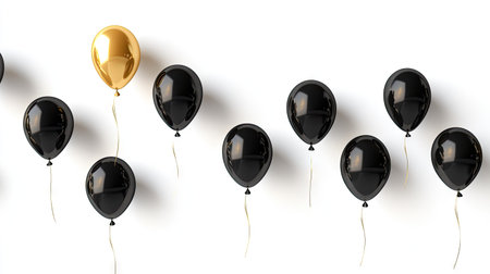 Elegant gold and black helium balloons soaring on a white background, ideal for creating a festive birthday or anniversary greeting card design.の素材