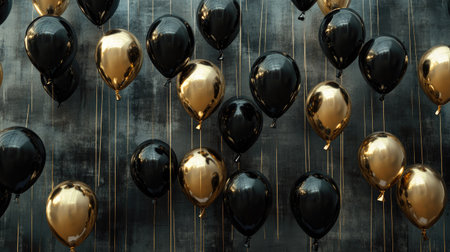 Festive celebration with floating black and gold helium balloons, perfect for a greeting banner or poster celebrating a birthday or anniversary.の素材