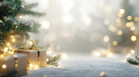 Empty Christmas background with softly blurred gifts, twinkling lights, and a festive tree, perfect for showcasing products with copy spaceの素材