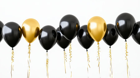 Floating black and gold helium balloons against a white backdrop, perfect for designing a festive poster or greeting card for birthdays and anniversaries.の素材