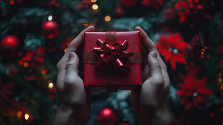 Hands of a man holding a stylish gift box with a luxurious red bow, set against a festive Christmas backdrop, creating a warm holiday sceneの素材