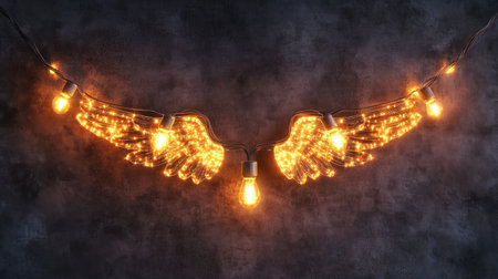 Isolated Christmas angel light bulb garland, glowing brightly with LED effects, designed for New Year party decorations on a transparent backgroundの素材