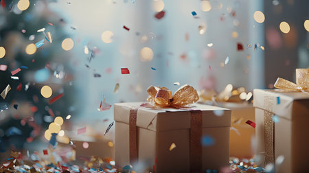 Holiday decorations featuring beautifully wrapped gift boxes, confetti scattered around, and soft bokeh lights, creating a festive atmosphereの素材