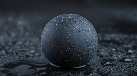 Macro shot of water drops on a black textured surface, emphasizing the contrast and detail of water droplets, ideal for abstract and moody photographyの素材
