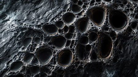 Macro shot of water droplets on a black textured surface, capturing the elegance and intricacy of water patterns on dark backgroundsの素材