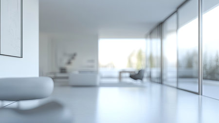 Abstract blurred office interior with white walls and modern furnishings, capturing a spacious and clean look for use in background design and professional conceptsの素材