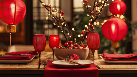 An eco-conscious Chinese New Year dinner setting with bamboo tableware, fabric napkins, and biodegradable red lanterns enhancing the festive ambiance.の素材