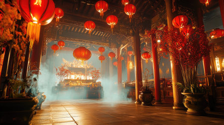 A serene temple decorated for Chinese New Year, with red lanterns hanging and incense smoke wafting in the air.の素材
