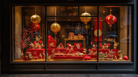 A shop window filled with Chinese New Year ornaments, including gold figurines, red envelopes, and traditional paper lanterns.の素材