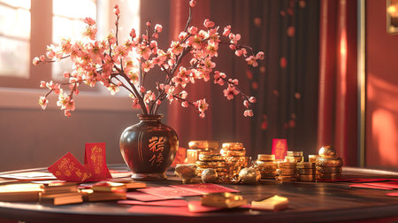 A table centerpiece featuring a vase of blooming plum blossoms surrounded by gold ingots, red envelopes, and other traditional Chinese New Year decorations.の素材