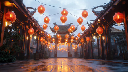 A serene temple courtyard with hundreds of red lanterns hanging in symmetry, glowing softly at dusk.の素材