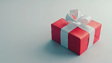 A simple and elegant red gift box with a white ribbon on a white background, ideal for holiday season, New Year, and Christmas-themed stock photosの素材