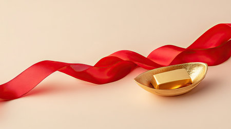 A subtle Chinese New Year decoration with a single gold ingot and a red ribbon on a simple background, representing wealth and prosperity.の素材