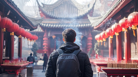 A solo traveler visiting a Chinese temple during the New Year, admiring the incense offerings and festive red decorations, feeling connected to the traditions.の素材