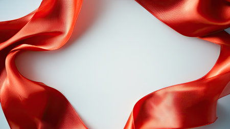 A top view of two beautiful red ribbons draped across a white surface, their sleek, satin texture shining under the light, evoking a celebratory mood.の素材